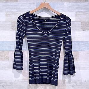 White House Black Market Ribbed Fitted Sweater Black Striped V Neck Womens Small
